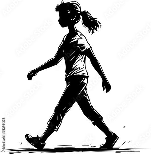 Child walking silhouette in urban setting black and white lifestyle artistic environment side view for creative impact