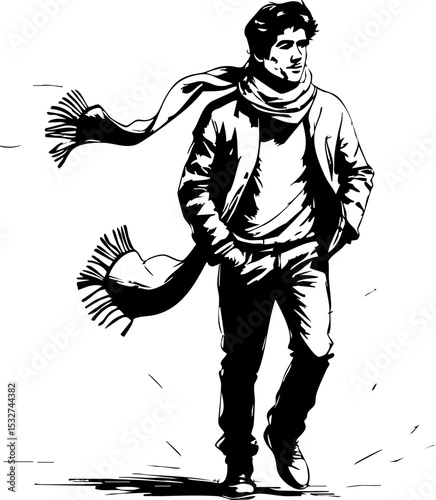 Young man walking in a scarf urban street city environment side view style inspiration