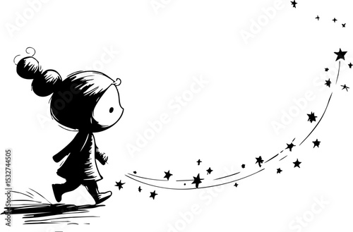 A young girl walks among stars dreamy night sky fantastical setting side view imagination unleashed