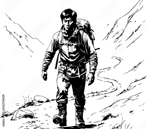 Adventurous climber tackles mountain trail high altitude black and white outdoor adventure side view perseverance theme