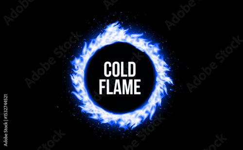 Blue cold flame ring, fiery circle with glowing energy effect on dark background. Futuristic burning circle for sci-fi, cyber, digital, tech or fantasy visual concepts. Vector illustration.