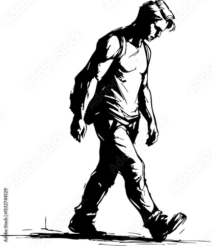 Young man walking alone urban setting digital thoughtful mood side view exploration of isolation
