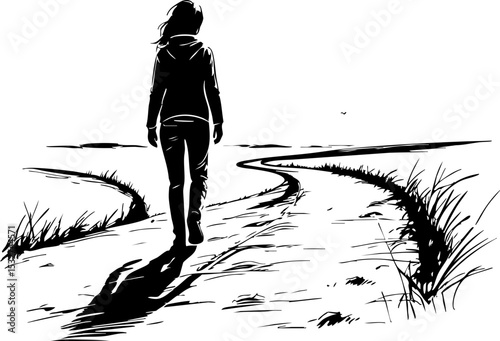 Journeying through life a solitary walk on a path in nature expressive black and white artistic perspective