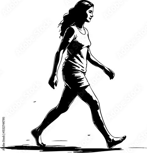 Walking woman on a journey urban landscape minimalist style side view empowerment and freedom