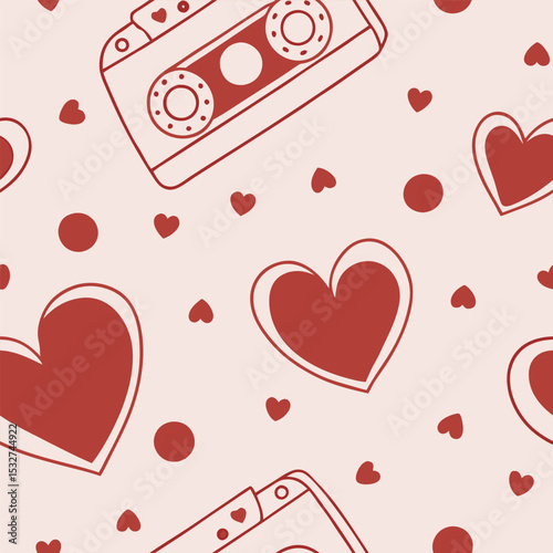A seamless pattern with red hearts, dots and a cassette tape on a light pink background, retro style, flat design, minimalist