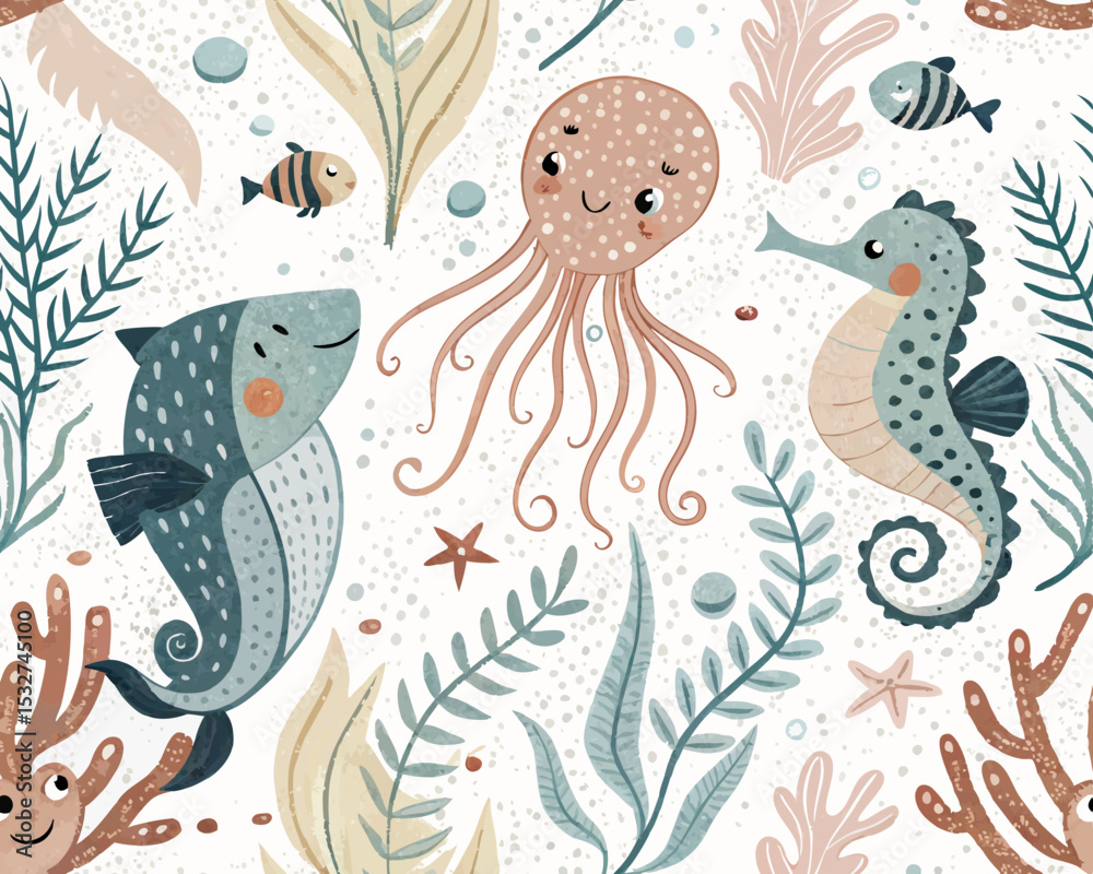 Fototapeta premium Seamless Scandinavian Underwater Vector Illustration – Cute Hand-Drawn Ocean Animals Pattern for Nursery, Kids Decor, Print fabrics, textile and background