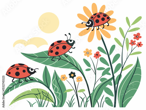 Ladybugs on Leaves and Flowers – Vector Garden Scene