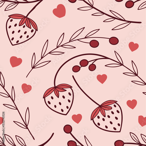 Seamless pattern with strawberries, red hearts and branches with berries on a pink background, cute, simple, flat design, vector illustration