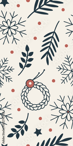 Seamless pattern with snowflakes, wreath, leaves and red dots on a cream background, winter holiday theme, flat design, vector illustration