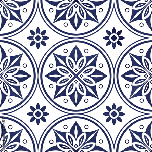 Seamless pattern with stylized flowers and circular shapes in blue and white, creating a symmetrical and decorative design, flat background