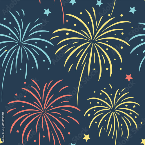 Seamless pattern, An array of colorful fireworks bursting in the sky