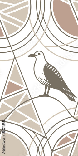 1x2 A seamless , A seagull with brown wings standing on a geometric shape, with circles and triangles in the background
