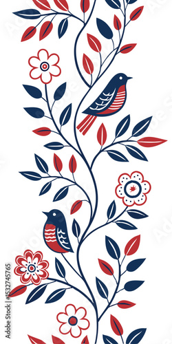 1x2 A seamless Scandinavian folk art pattern featuring stylized birds, flowers, and vines in a traditional red, blue, and white color scheme, with clean, simple lines