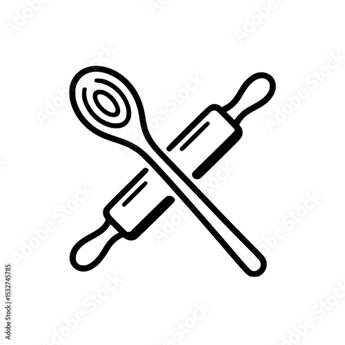 Kitchen utensils icon with spoon and rolling pin crossed together in simple black