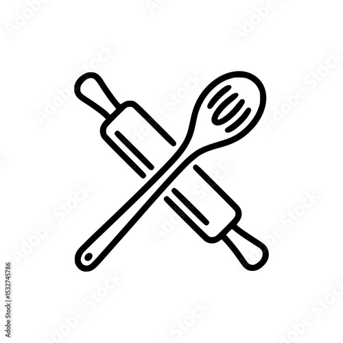 Kitchen utensils icon with spoon and rolling pin crossed together in simple black