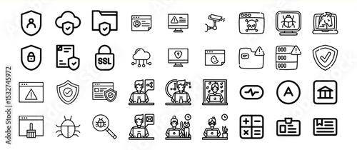 Cybersecurity Icons Set Black and White Line Art Bundle 20