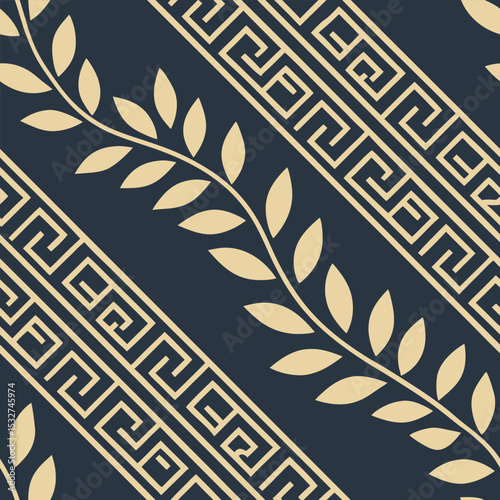 A seamless pattern featuring a classic Greek key motif in deep navy and gold
