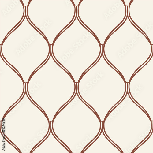 Seamless pattern with brown ogee shapes on a beige background, creating a repeating geometric design, simple and elegant, suitable for wallpaper or fabric
