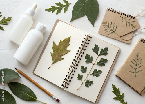 Natural cosmetics branding mockup with leaves and notebooks