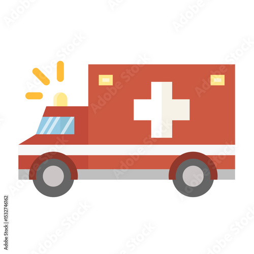 Red ambulance with a white cross rushing to an emergency medical situation