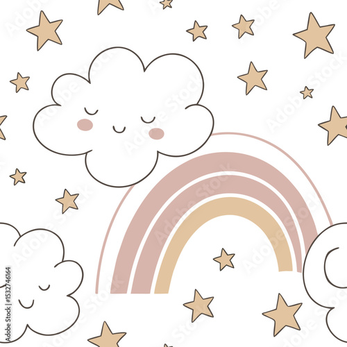 Seamless pattern with clouds with closed eyes, a rainbow in pastel colors and stars on a white background