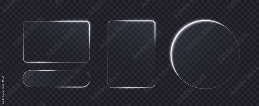 Light frame liquid glass, glass panel set for mobile and web app, tech board frame in futuristic style. HUD element interface, vector illustration. Light glass png banner collection with glow effect.