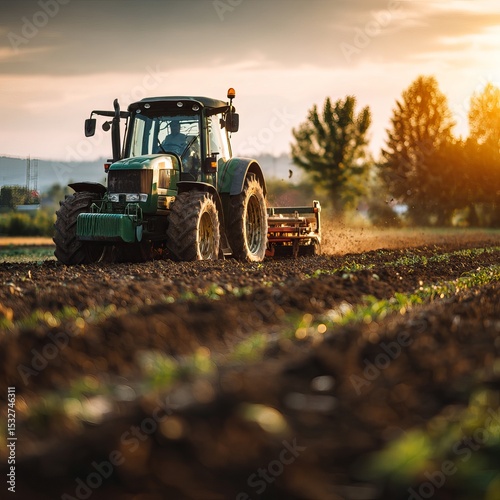Tractor cultivating soil in a lush green field