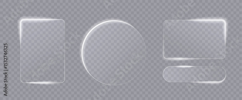 Light frame liquid glass, glass panel set for mobile and web app, tech board frame in futuristic style. HUD element interface, vector illustration. Light glass png banner collection with glow effect.