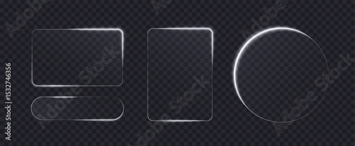 Light frame liquid glass, glass panel set for mobile and web app, tech board frame in futuristic style. HUD element interface, vector illustration. Light glass png banner collection with glow effect.