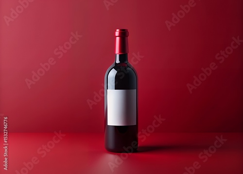 Single red wine bottle with blank label on red background