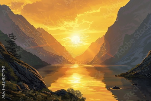 illustrate serene landscape with sunset