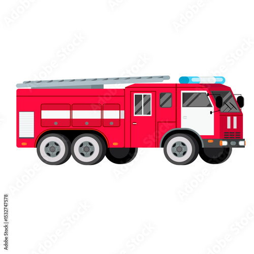 Red fire engine illustration with ladder and emergency lights vector graphic