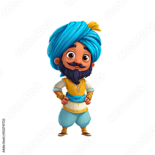 Cheerful Cartoon Character in Blue Turban on a Transparent Background