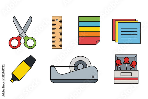 Office and School Supplies Flat Lay Illustration of Stationary Items