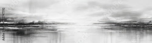 Black and white abstract landscape painting with reflections on water, showcasing textured brushstrokes and a serene horizon.