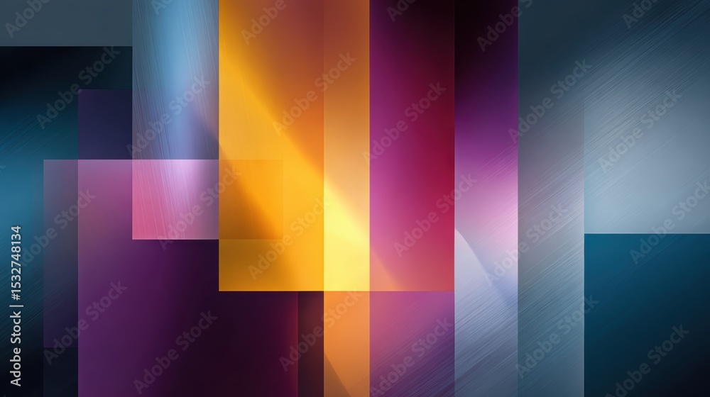 Fototapeta premium Abstract geometric composition featuring overlapping translucent rectangles in vibrant purple, yellow, blue, and pink hues with textured gradients.