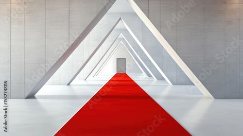 A minimalist corridor with triangular white archways and a bold red carpet leading to a single closed door at the far end.