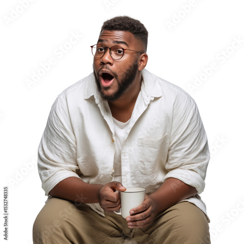Surprised man enjoying coffee home lifestyle shot relaxed environment transparent background