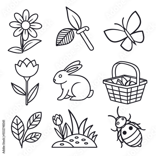 Spring Season Vector Icon Set | Adjustable Line Weight | Flower, plant, gardening, nature, picnic, bee, butterfly, bunny