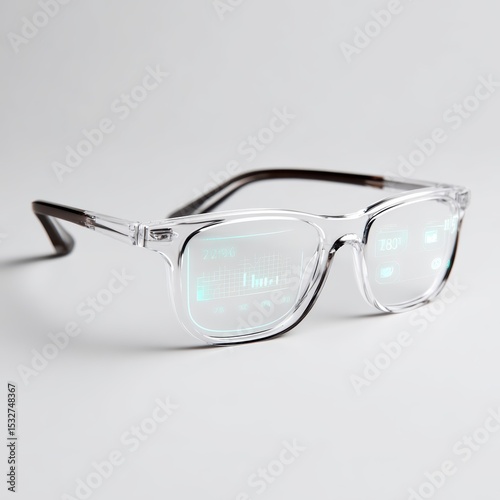 Transparent smart glasses displaying digital data overlays on lenses against a minimalist white background.