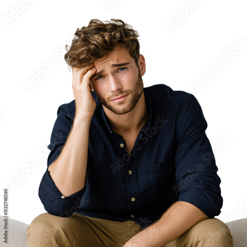 Contemplative young man studio portrait photography neutral background close-up transparent background