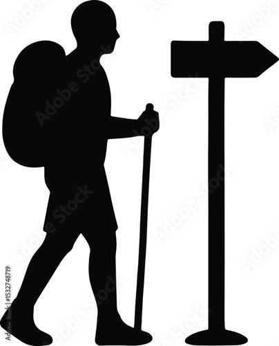 Silhouette hiker at trail marker sign post vector illustration