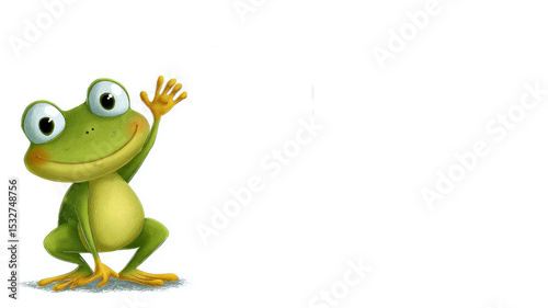 A cartoon frog with big eyes waves hello, standing on its hind legs.