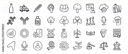 Hand Drawn Black and White Icon Set Bundle 86 Diverse Symbols