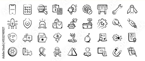 Hand Drawn Black and White Icon Set Business Security Medical