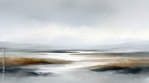 A serene abstract landscape painting featuring soft greys, whites, and muted browns, depicting a misty horizon and reflective water surface.