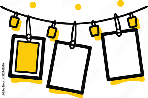 Whimsical Photo Display: Hand Drawn Style Hanging Frames on a String with Yellow Accents, Creative Visuals and Delightful Composition, Nostalgic Decor and Personal Touch with Artistic Flair