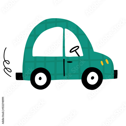 Teal cartoon car with plaid pattern and smoke trail illustration design