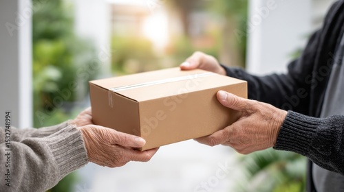 Two people exchanging a cardboard box, symbolizing delivery, gifting, or donation in a bright, indoor setting with blurred green background.