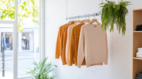A minimalist clothing display features cozy sweaters in neutral tones hanging on a rod, with green plants adding a fresh touch to the bright, airy room.